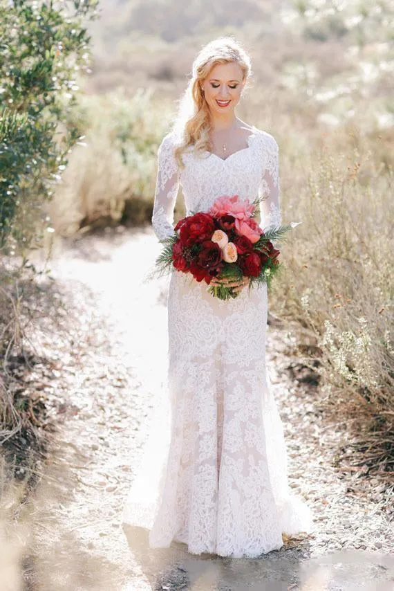 Lace Long Sleeve Country V-neck Elegant Garden Wedding Dresses-715316