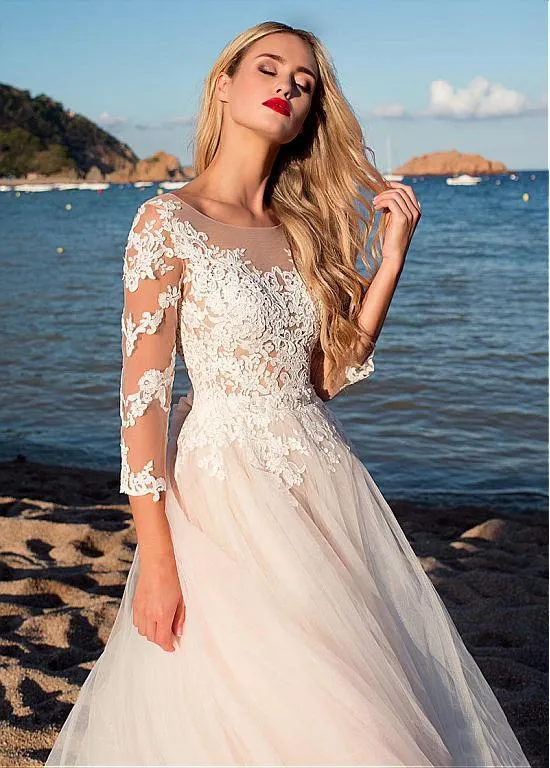 Lace Tulle Skirt Wedding Dresses with Illusion Neckline