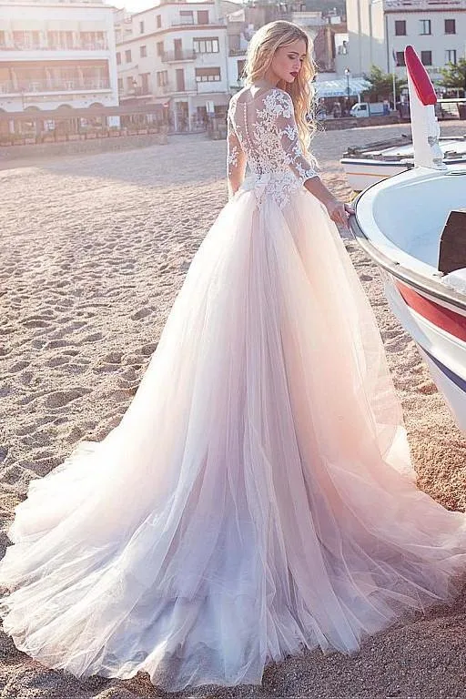 Lace Tulle Skirt Wedding Dresses with Illusion Neckline