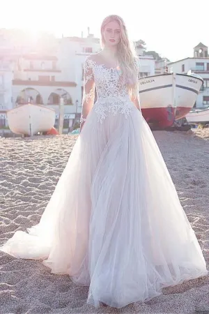 Lace Tulle Skirt Wedding Dresses with Illusion Neckline