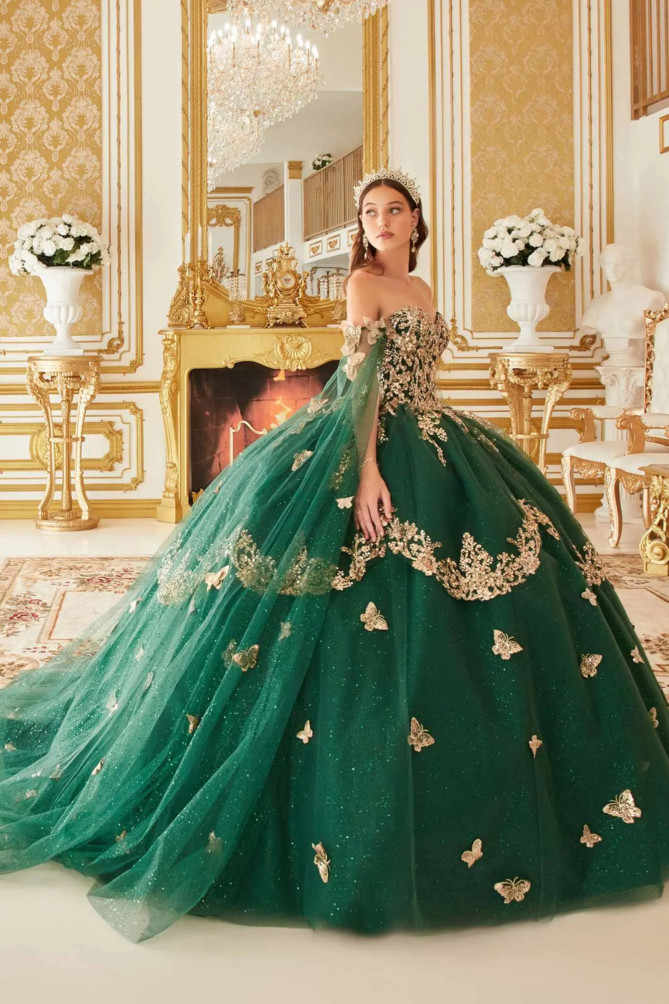Ladivine 15721 Long Strapless Tulle Cape Sleeve Ball Gown