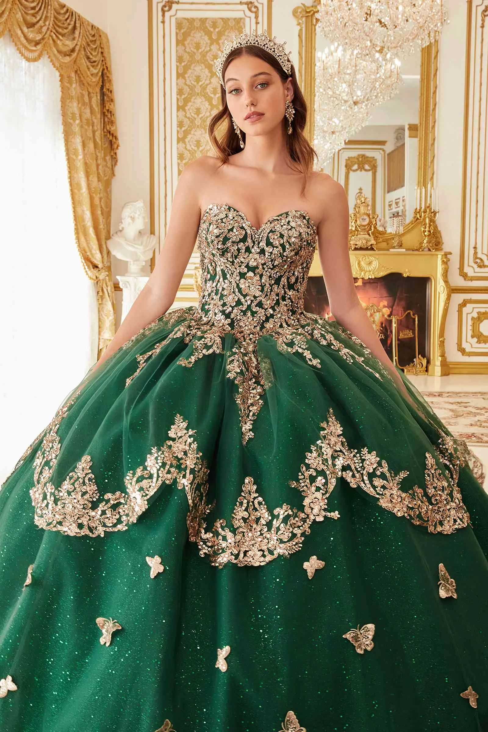 Ladivine 15721 Long Strapless Tulle Cape Sleeve Ball Gown