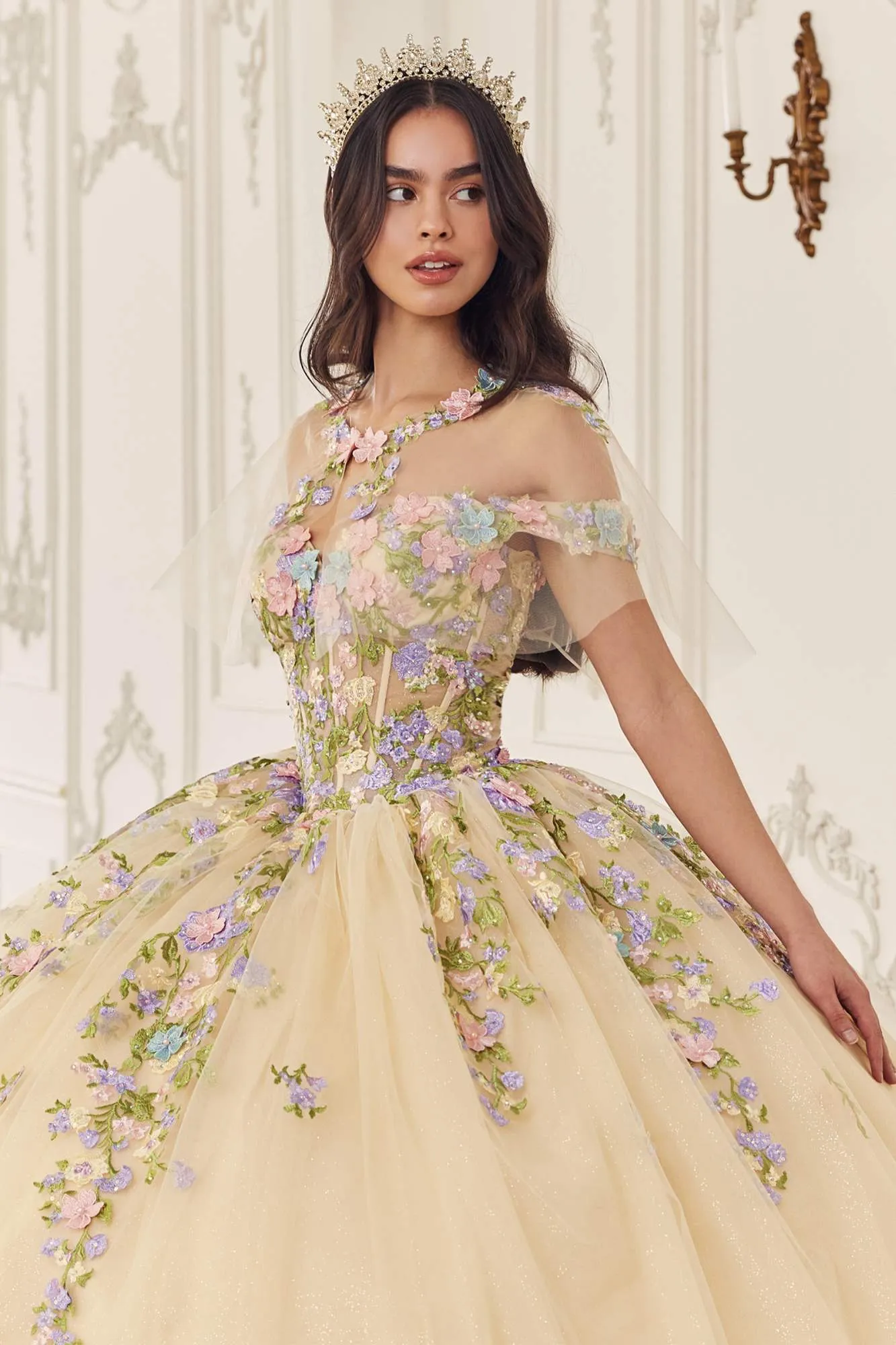Ladivine 15724 Floral Lace Applique Quinceanera Gown Removable Capelet