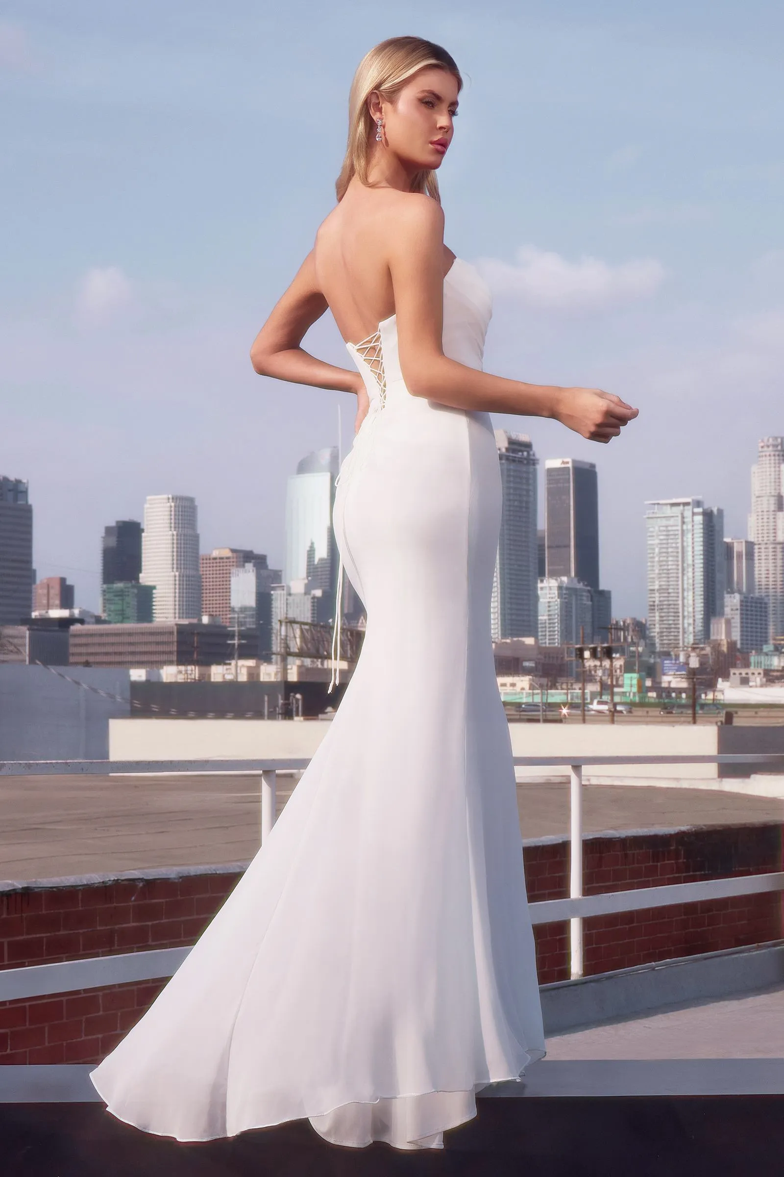 Ladivine 7434W Strapless Chiffon Fitted Off-White Dress