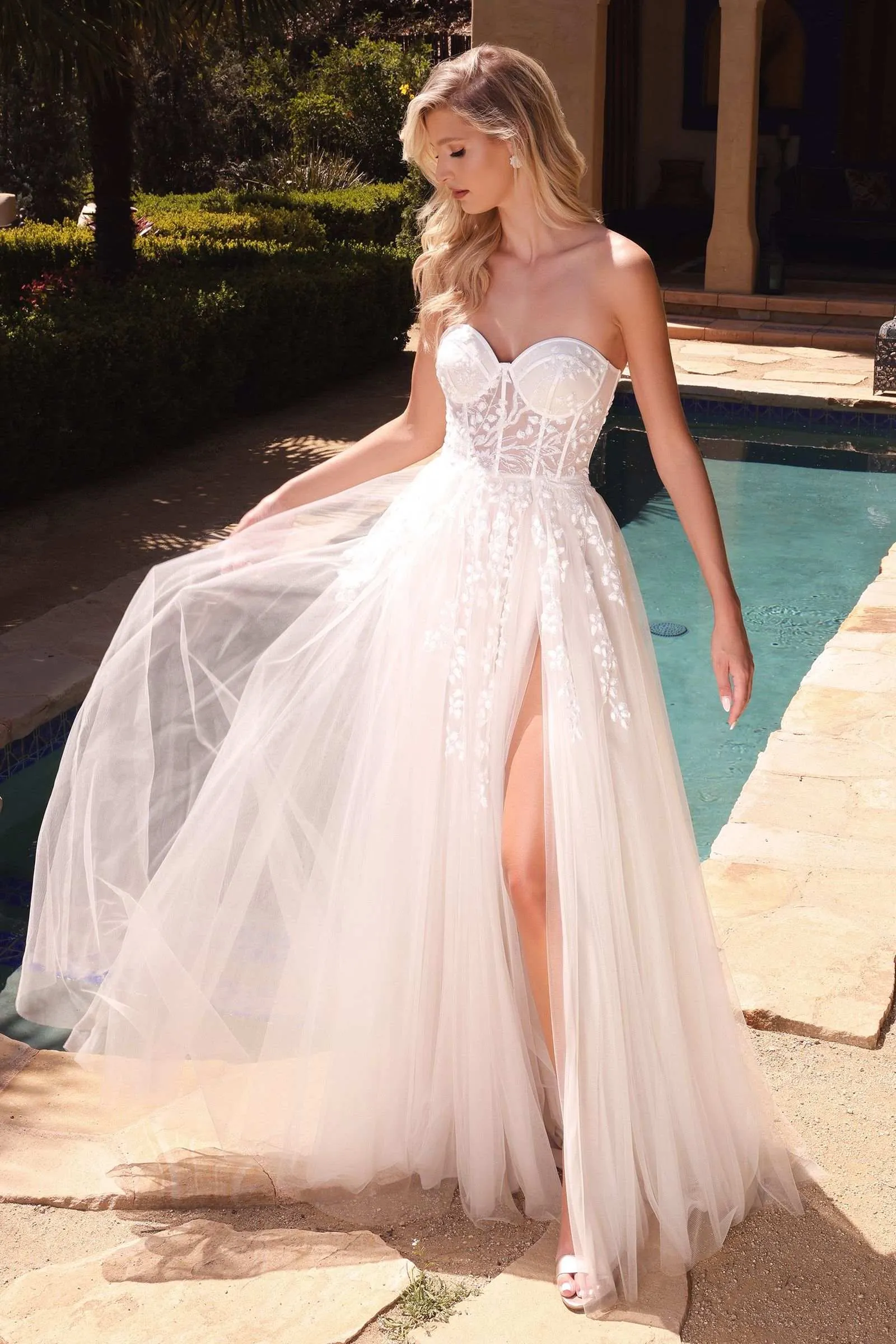 Ladivine CB065W Strapless A-Line Layered Tulle Bridal Gown Floral Applique