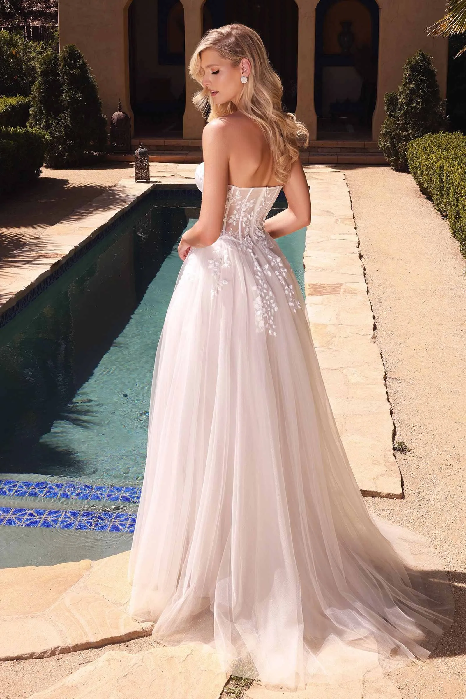 Ladivine CB065W Strapless A-Line Layered Tulle Bridal Gown Floral Applique
