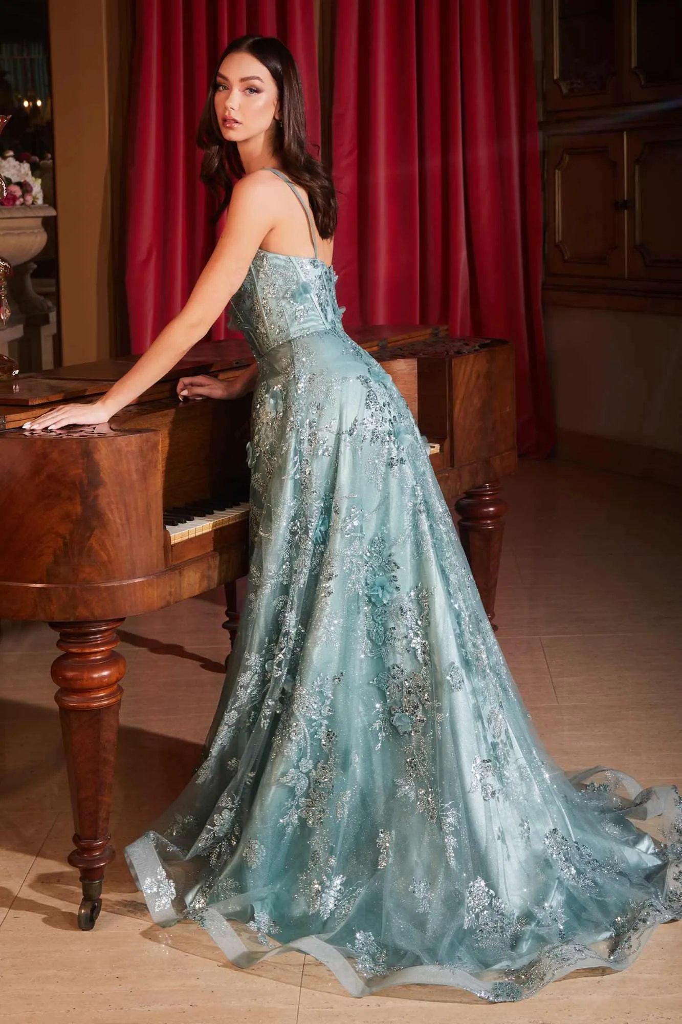 Ladivine CB144 Long Sequin Floral Printed A-Line Dress