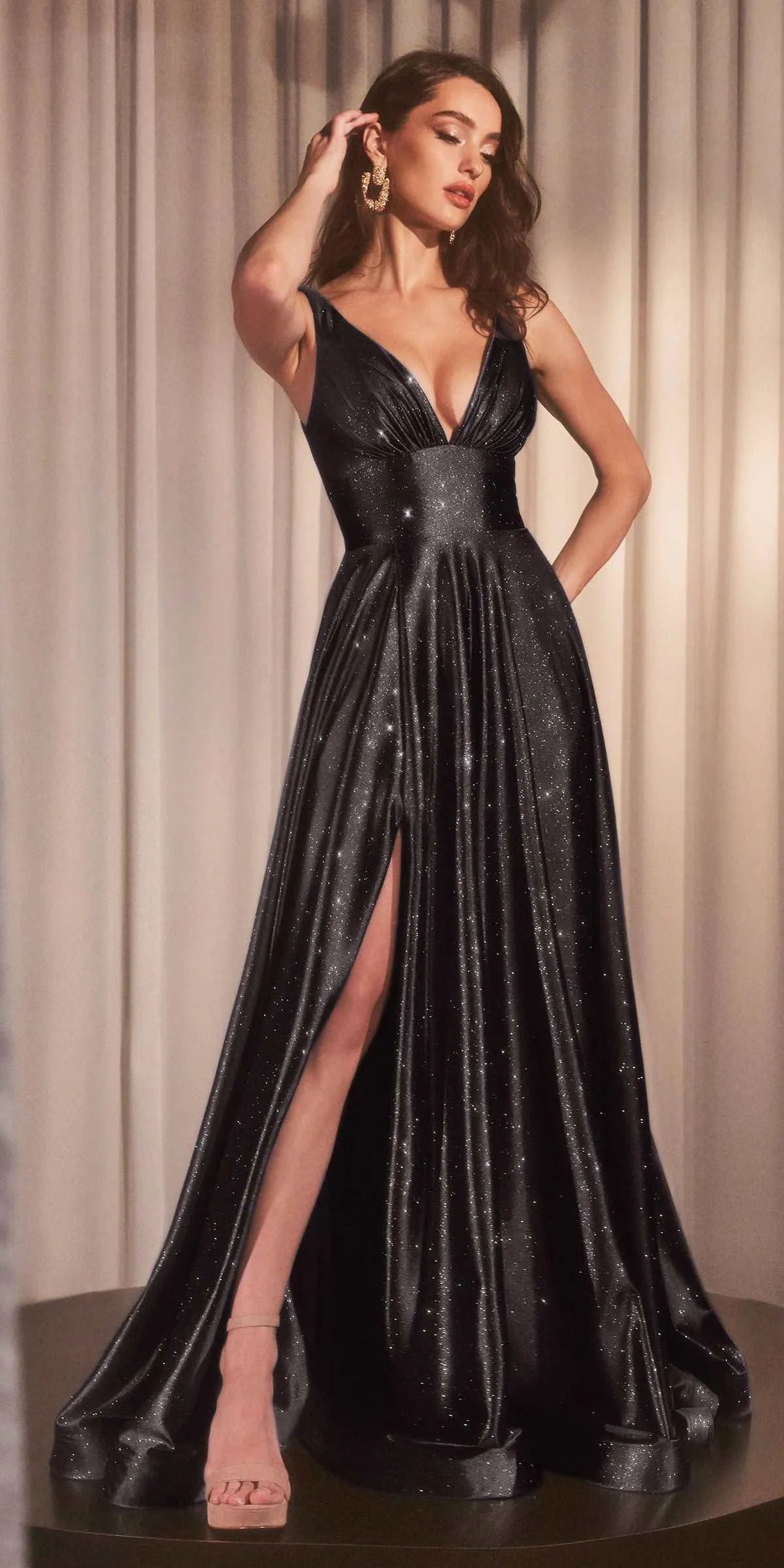 Ladivine CC2349 Long Glitter Stretch Satin A-Line Evening Gown