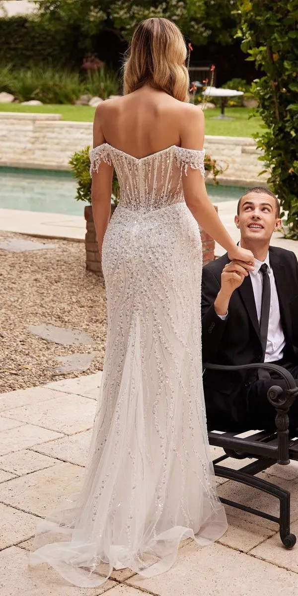 Ladivine CD0203W Long Off the Shoulder Sequin Wedding Gown with Slit
