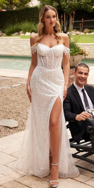 Ladivine CD0203W Long Off the Shoulder Sequin Wedding Gown with Slit