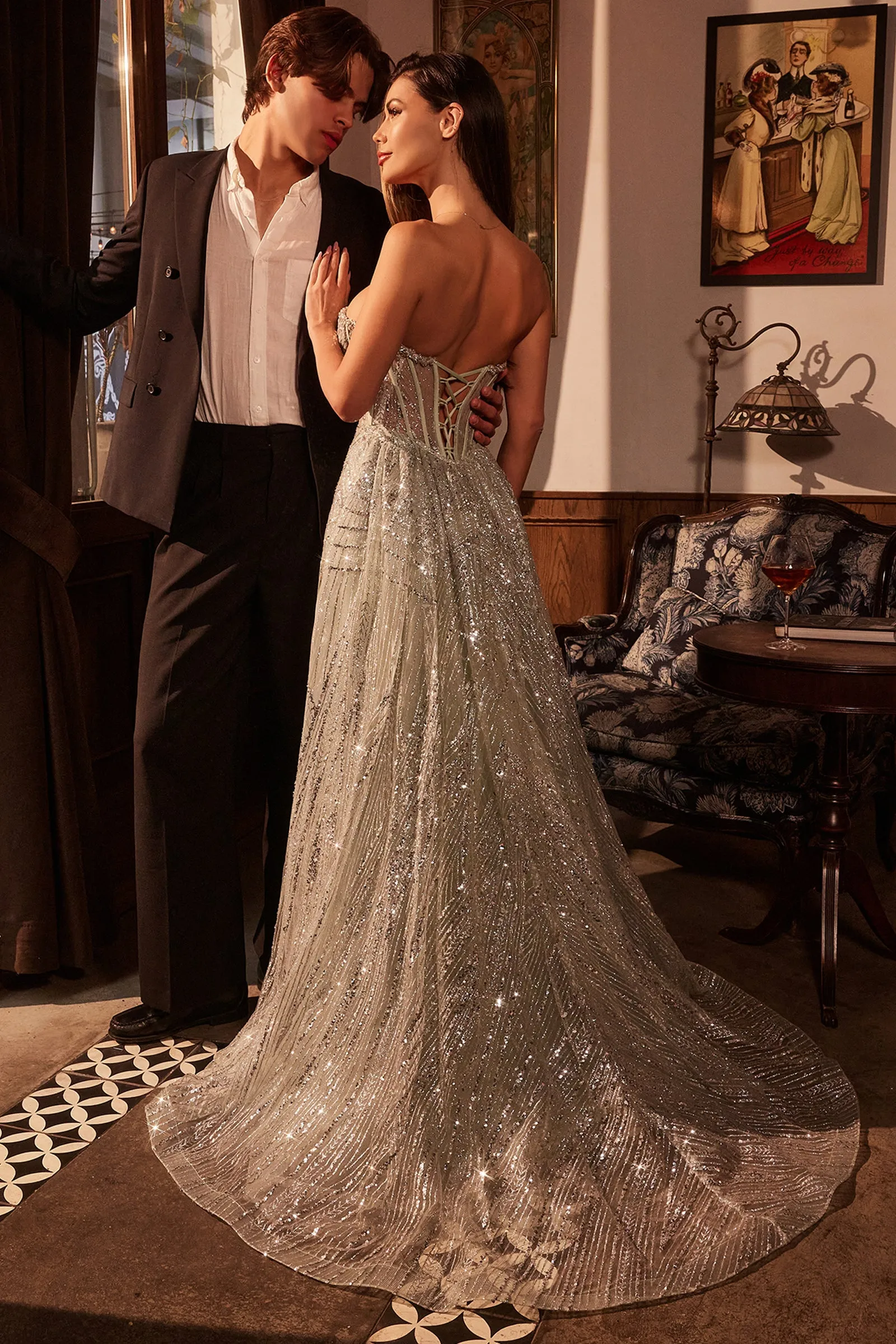 Ladivine CM384 Strapless Glitter Printed Gown & Overskirt
