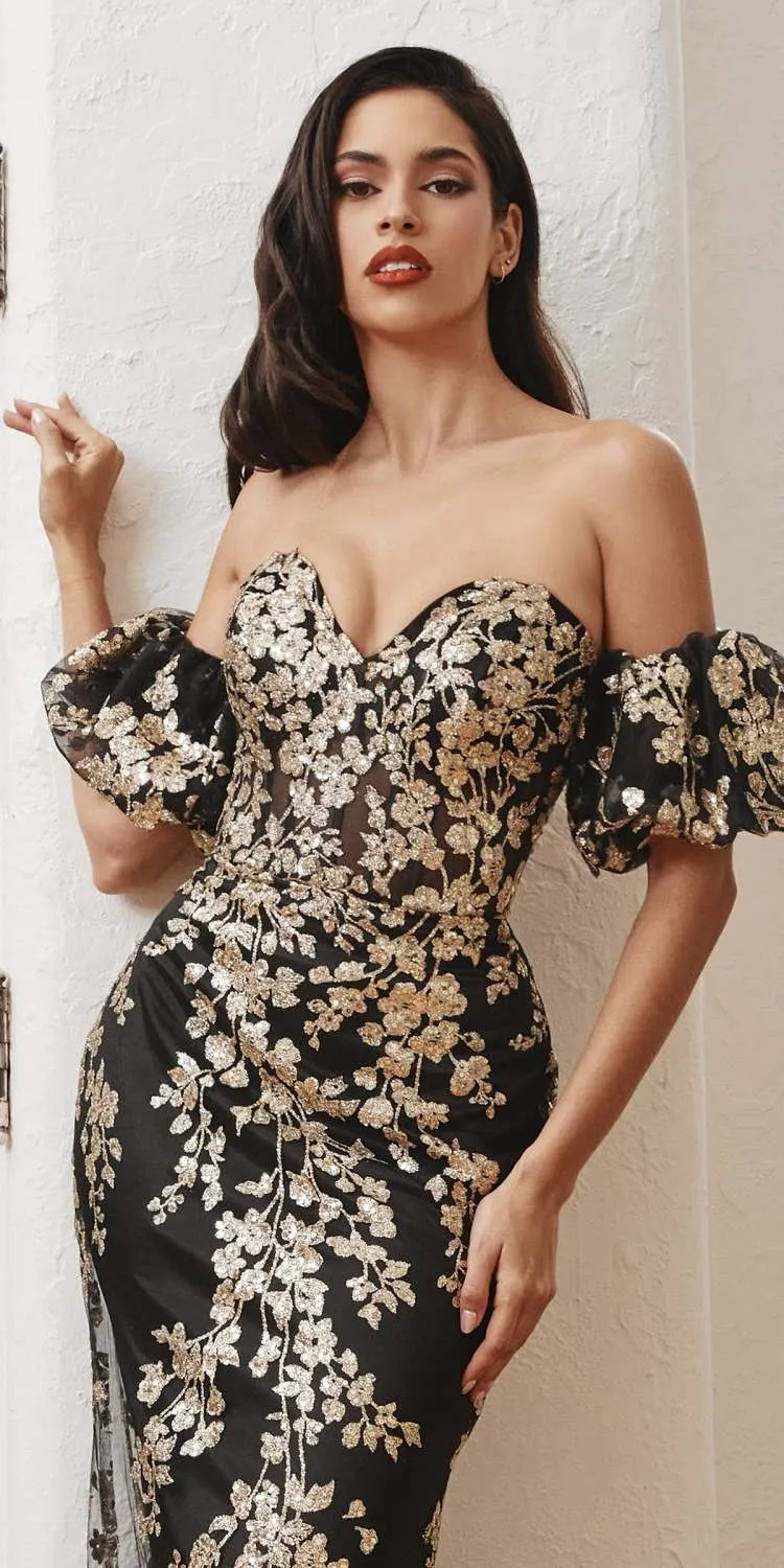 Ladivine J844 Strapless Glitter Floral Print Gown with Detachable Puff Sleeves