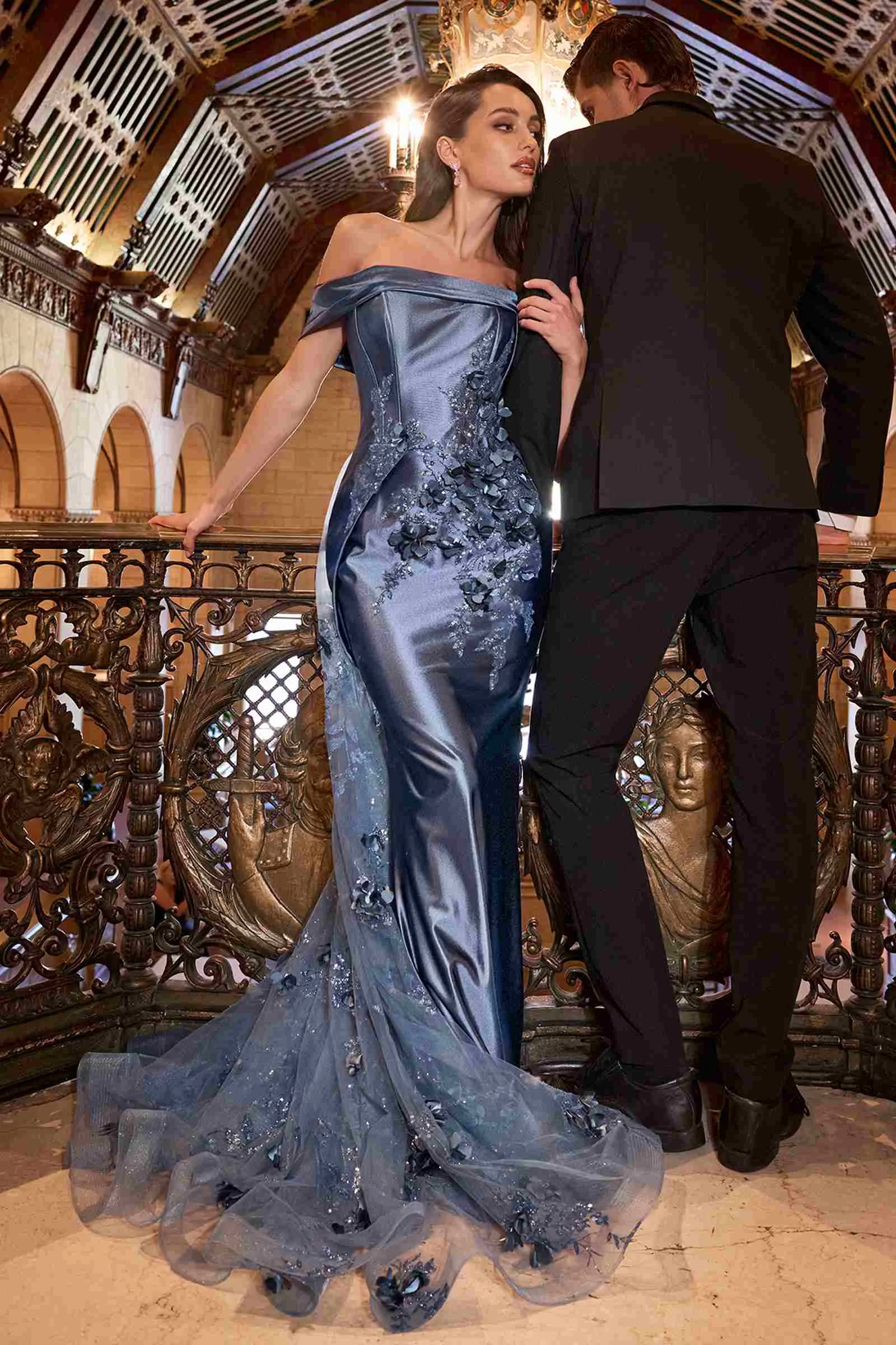 Ladivine J876 Dress Embellished Satin Fitted Gown With Tulle Overskirt
