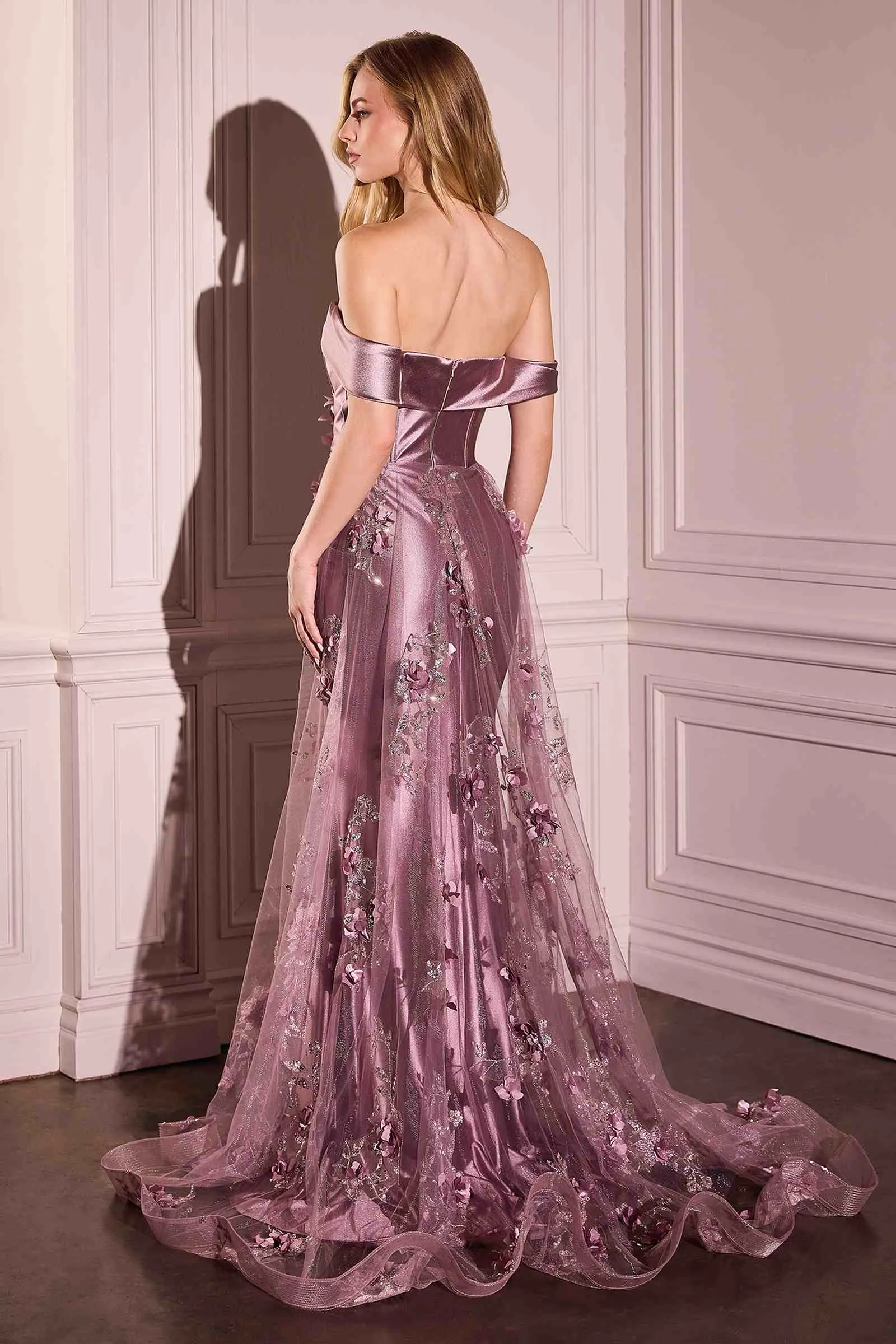 Ladivine J876 Dress Embellished Satin Fitted Gown With Tulle Overskirt