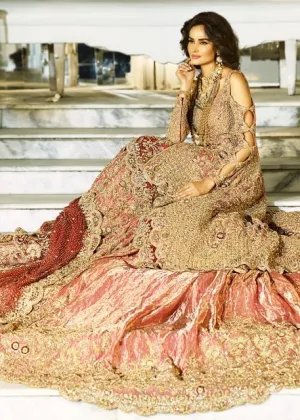 Latest Indian bridal gown dress embroidered in pink and gold color # B3380