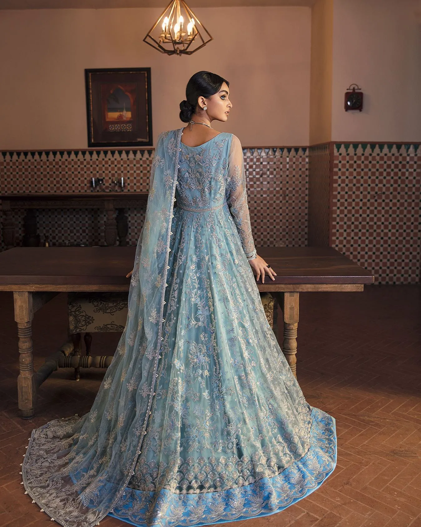 Latest Pakistani Blue Bridal Dress in Gown Style #BS843