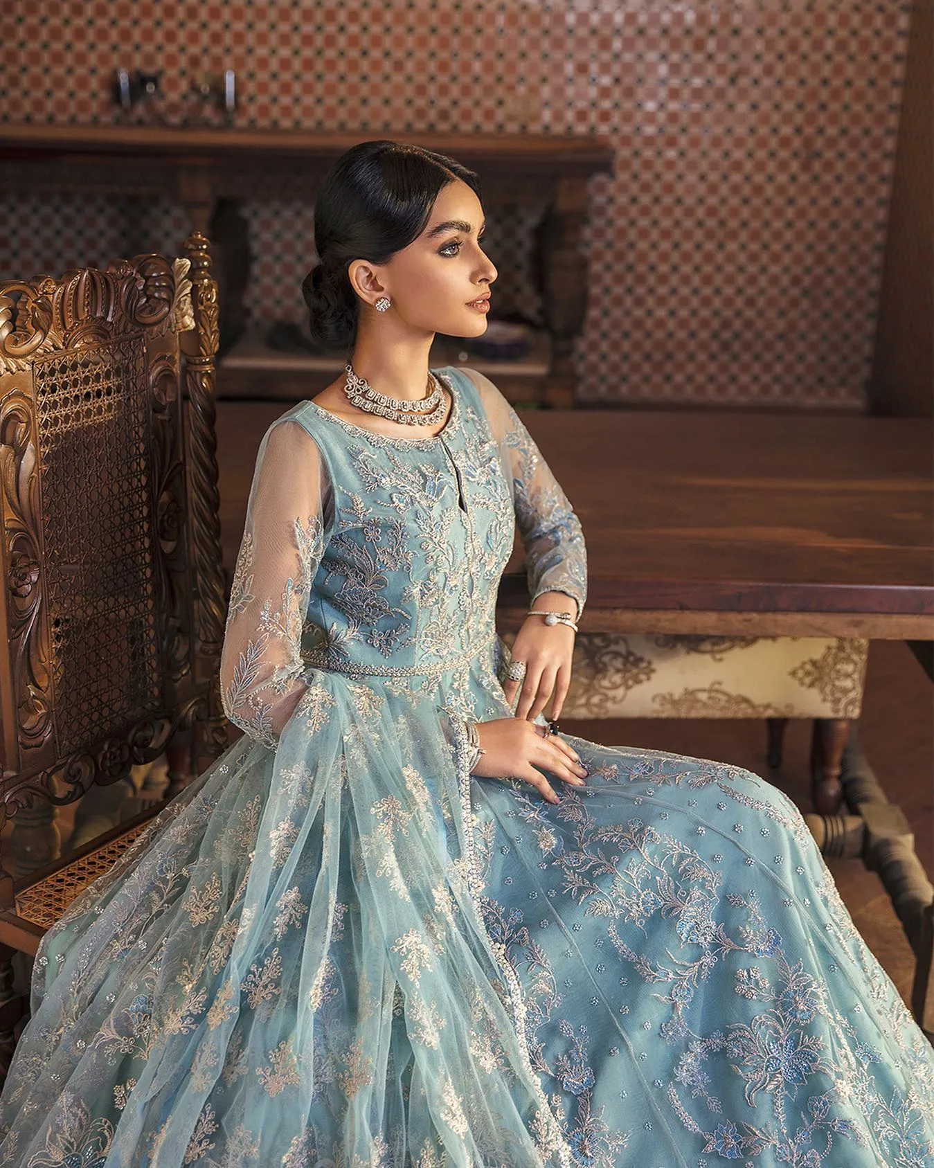 Latest Pakistani Blue Bridal Dress in Gown Style #BS843