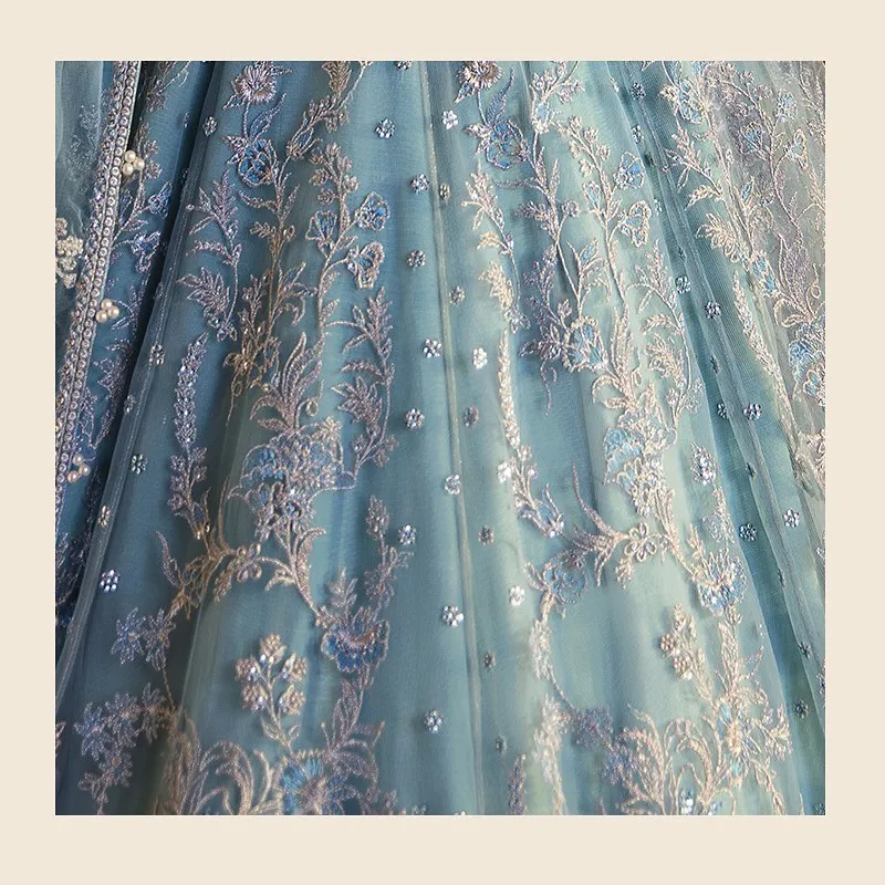 Latest Pakistani Blue Bridal Dress in Gown Style #BS843