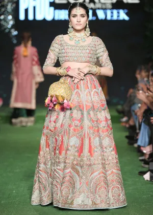 Latest silk embroidered lehnga in orange color for wedding wear # B3409