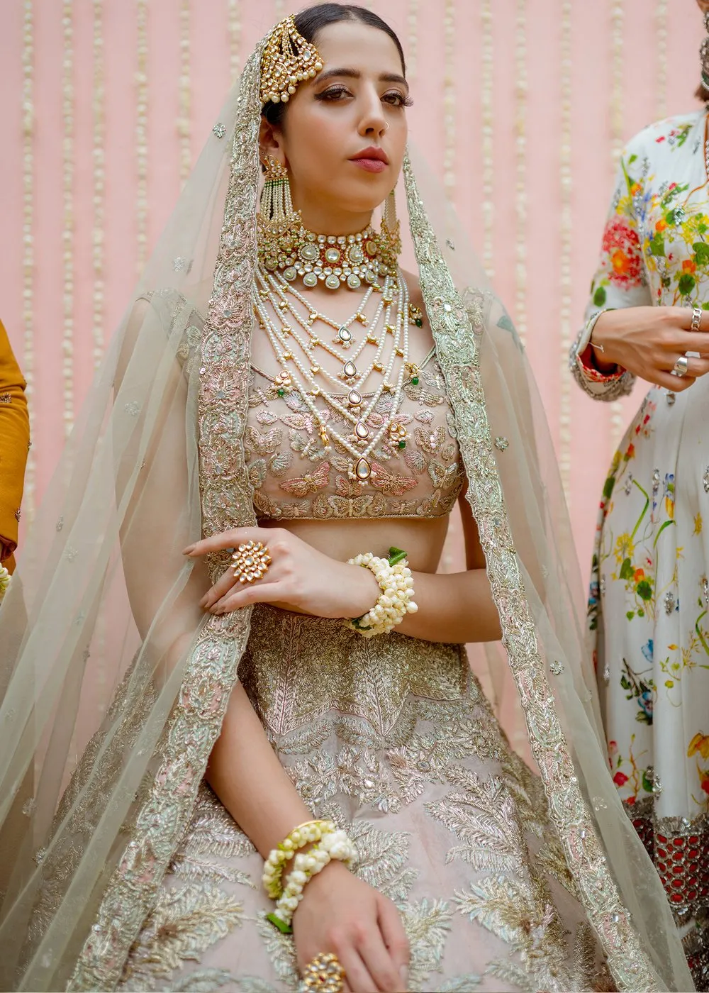 Latest silk embroidered skirt dress in rose gold color for wedding wear # B3413