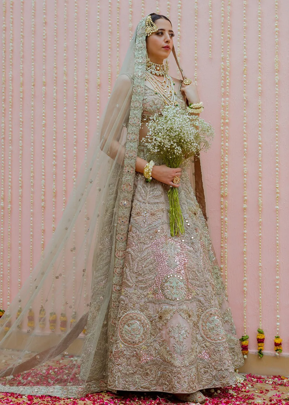 Latest silk embroidered skirt dress in rose gold color for wedding wear # B3413