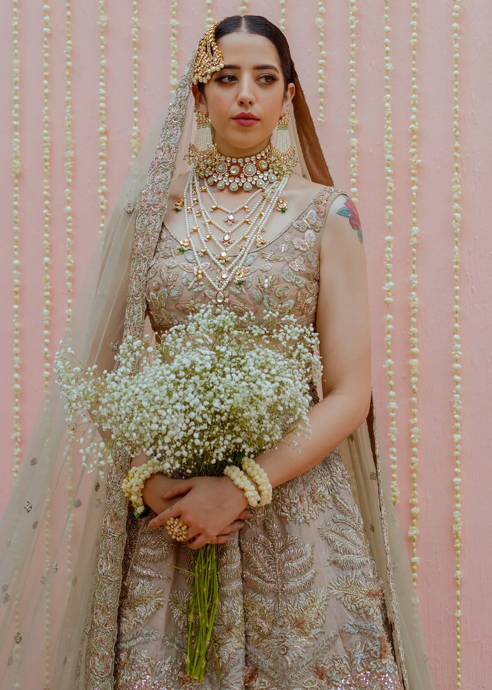 Latest silk embroidered skirt dress in rose gold color for wedding wear # B3413