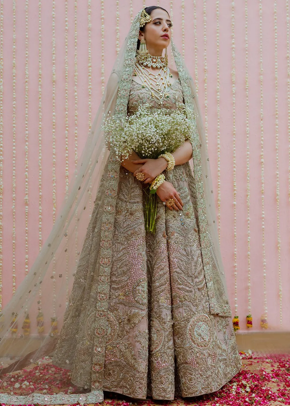 Latest silk embroidered skirt dress in rose gold color for wedding wear # B3413