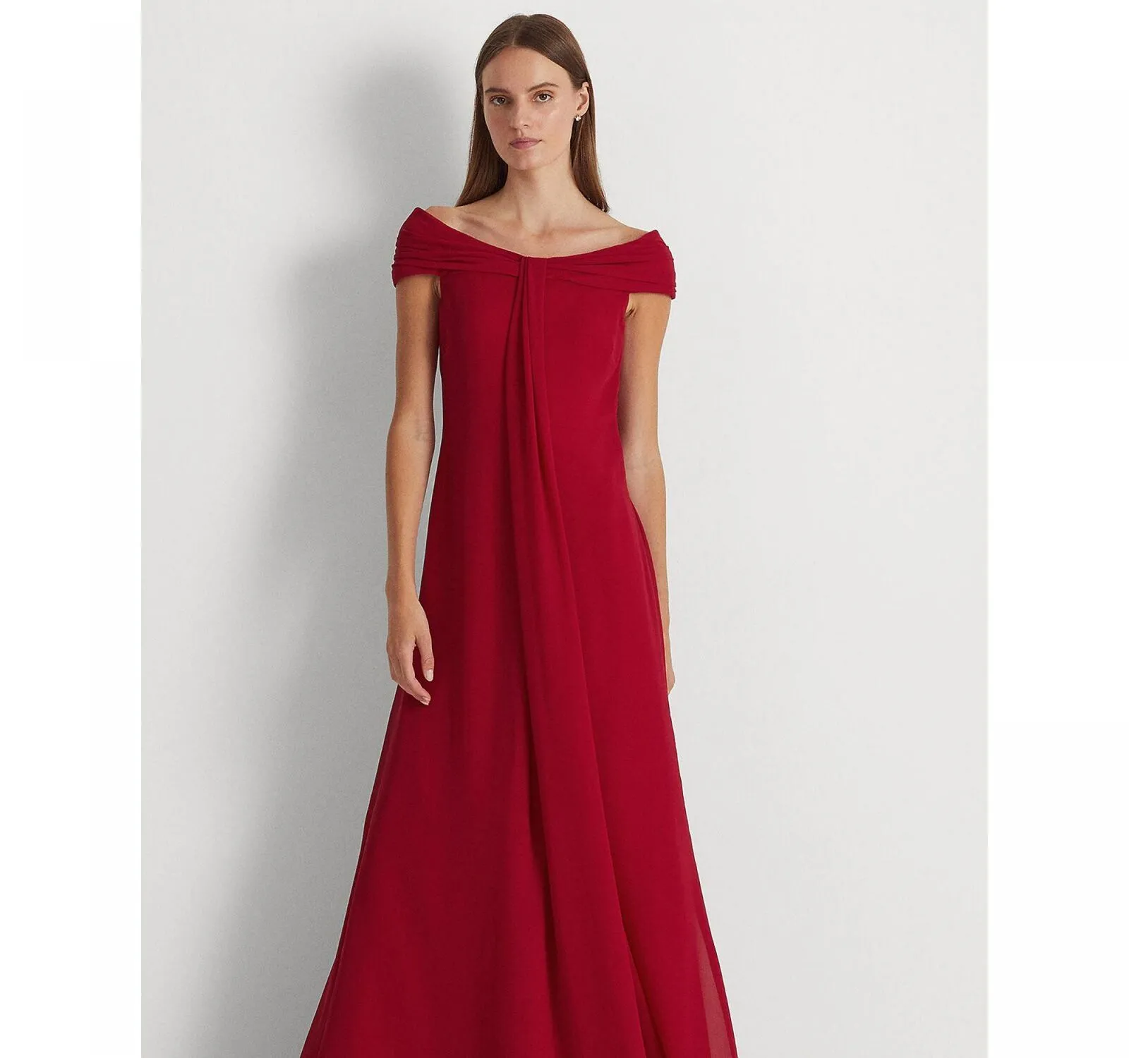 Lauren Ralph Lauren Womens Off-the-Shoulder Chiffon Gown 253882146001 Red 8