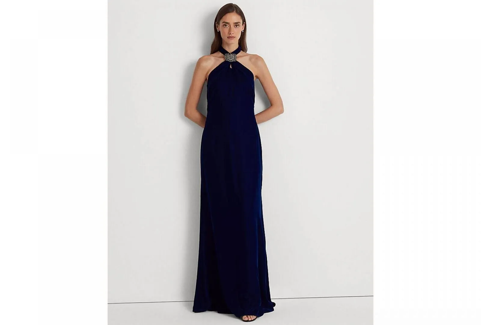 Lauren Ralph Lauren Womens Velvet Halter Gown 253882071003 Navy Blue 8