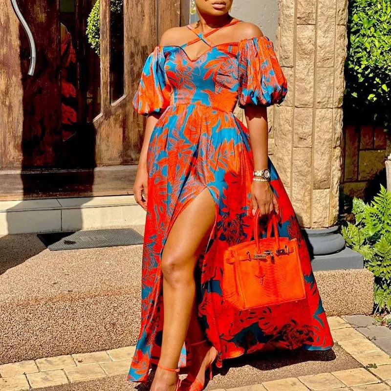 Leaf Print Off Shoulder Puff Sleeve High Slit Maxi Dress