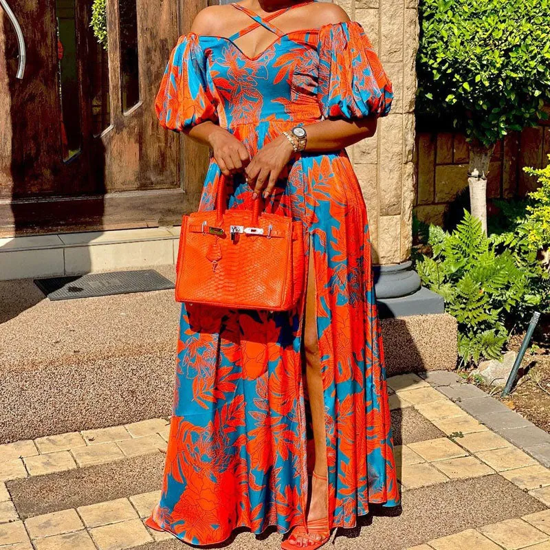 Leaf Print Off Shoulder Puff Sleeve High Slit Maxi Dress