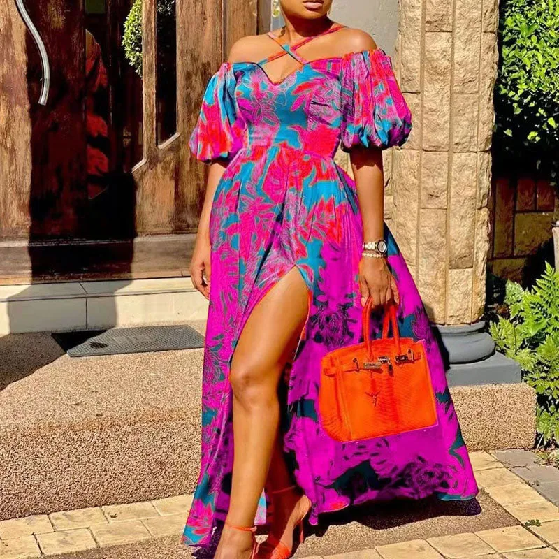 Leaf Print Off Shoulder Puff Sleeve High Slit Maxi Dress