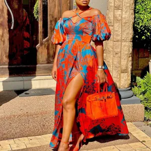 Leaf Print Off Shoulder Puff Sleeve High Slit Maxi Dress