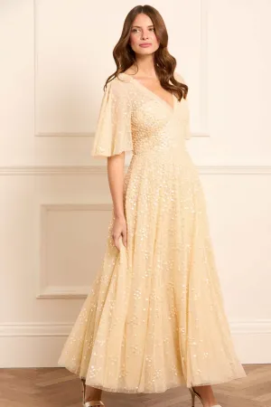 Leila Dot V-Neck Cape Ankle Gown