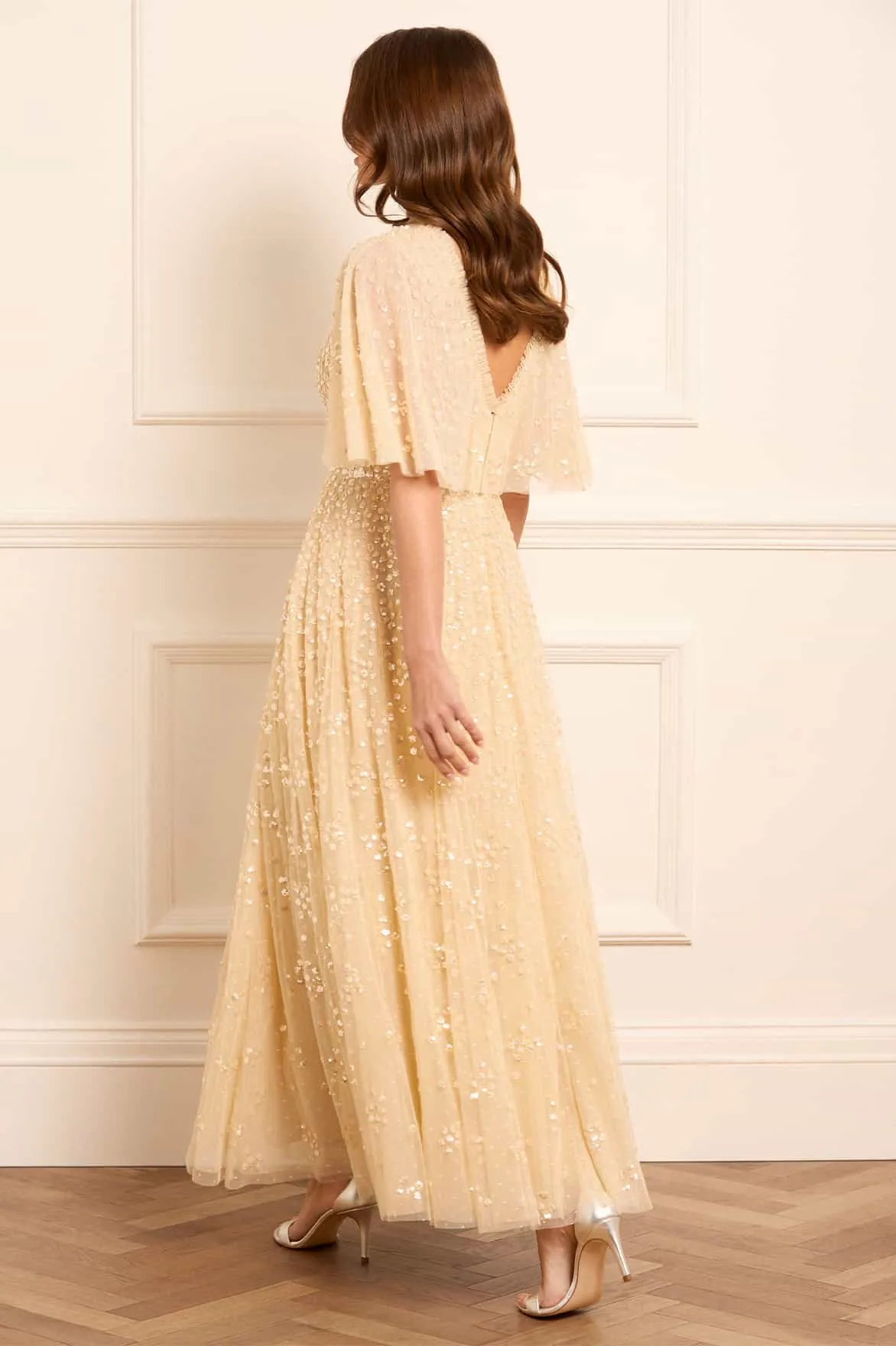 Leila Dot V-Neck Cape Ankle Gown