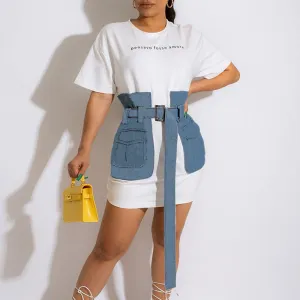 Letter Print Short Sleeve Denim Patchwork Loose Shirt Dress