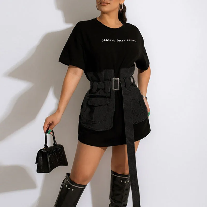 Letter Print Short Sleeve Denim Patchwork Loose Shirt Dress