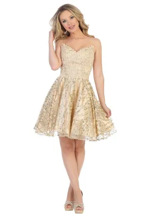 LF 6223 - Glitter Tulle Homecoming Dress with Spaghetti Straps & Beaded Lace Bodice