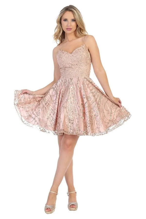 LF 6223 - Glitter Tulle Homecoming Dress with Spaghetti Straps & Beaded Lace Bodice