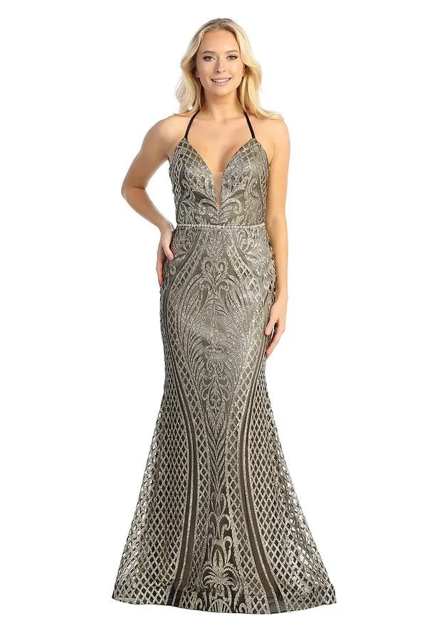 LF 7785 - Art Deco Glitter Print Fit & Flare Prom Gown with V-Neck & Lace Up Corset Back