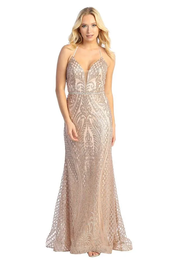 LF 7785 - Art Deco Glitter Print Fit & Flare Prom Gown with V-Neck & Lace Up Corset Back