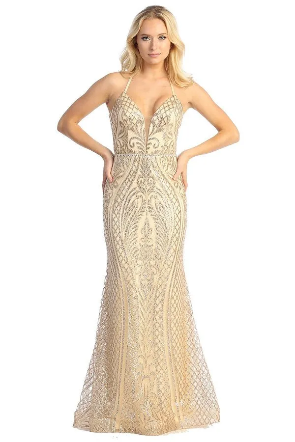 LF 7785 - Art Deco Glitter Print Fit & Flare Prom Gown with V-Neck & Lace Up Corset Back