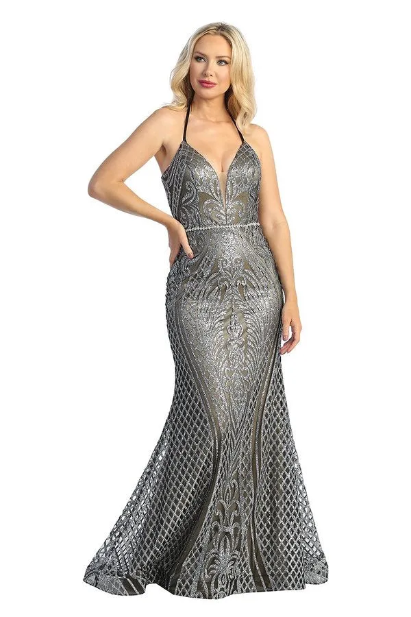 LF 7785 - Art Deco Glitter Print Fit & Flare Prom Gown with V-Neck & Lace Up Corset Back