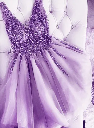 Light Purple Beaded V-neckline Tulle Short Homecoming Dress, Tulle Short Prom Dress