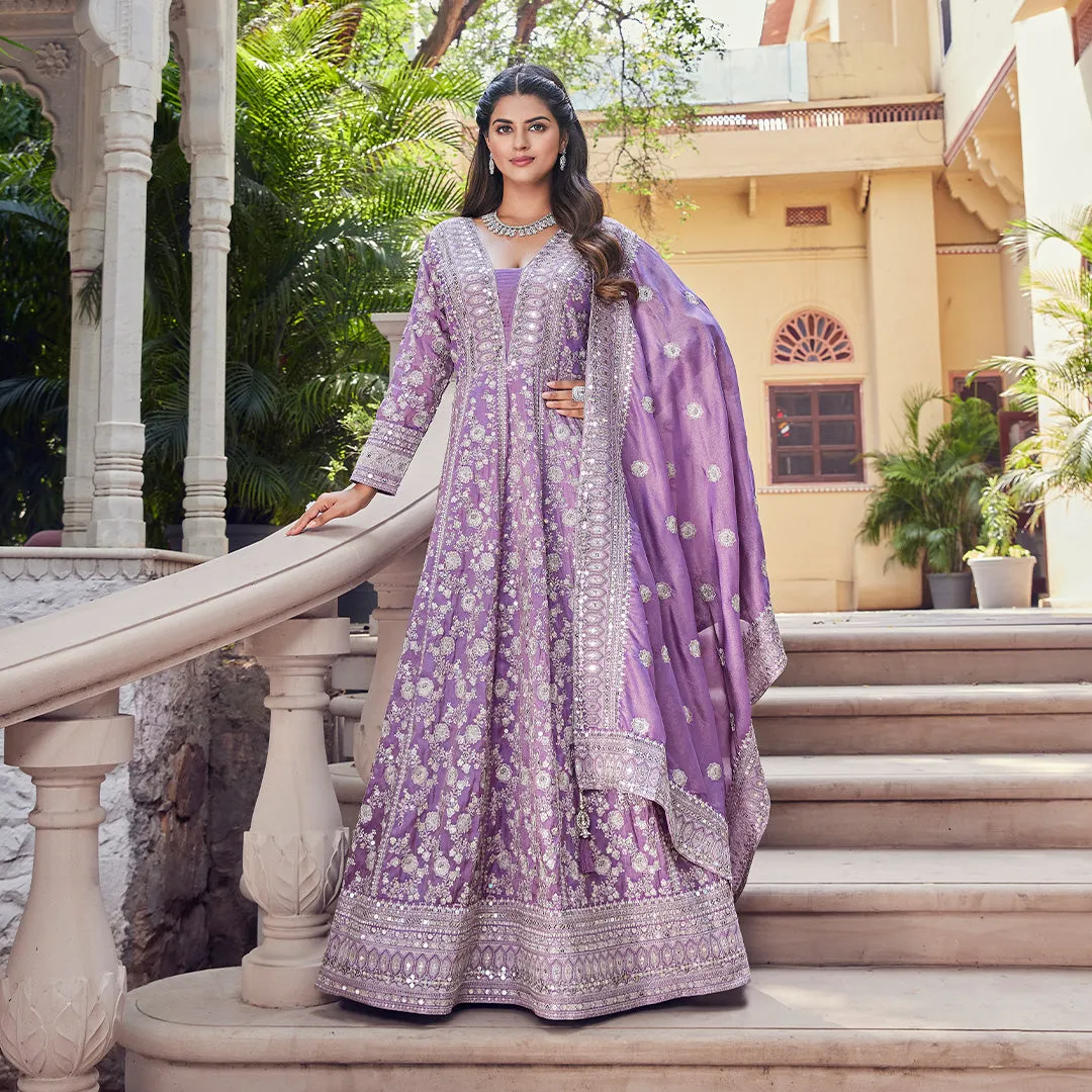 Lilac Heavy Embroidered Long Gown