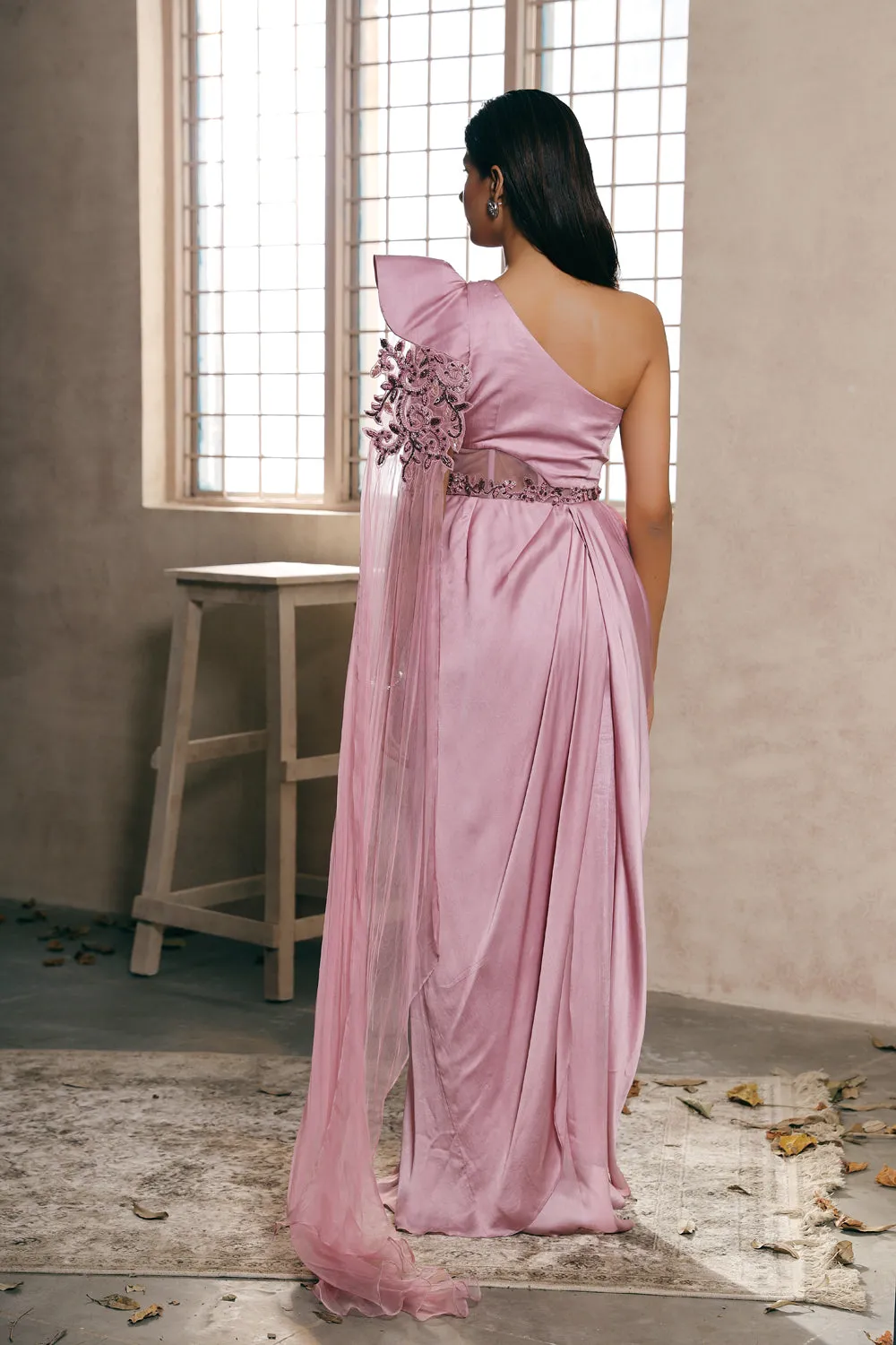 Lilac Satin Pre Constructed Slit Saree