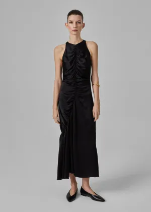 Liquid Gathered Tank Dress in Silk Charmeuse - Black