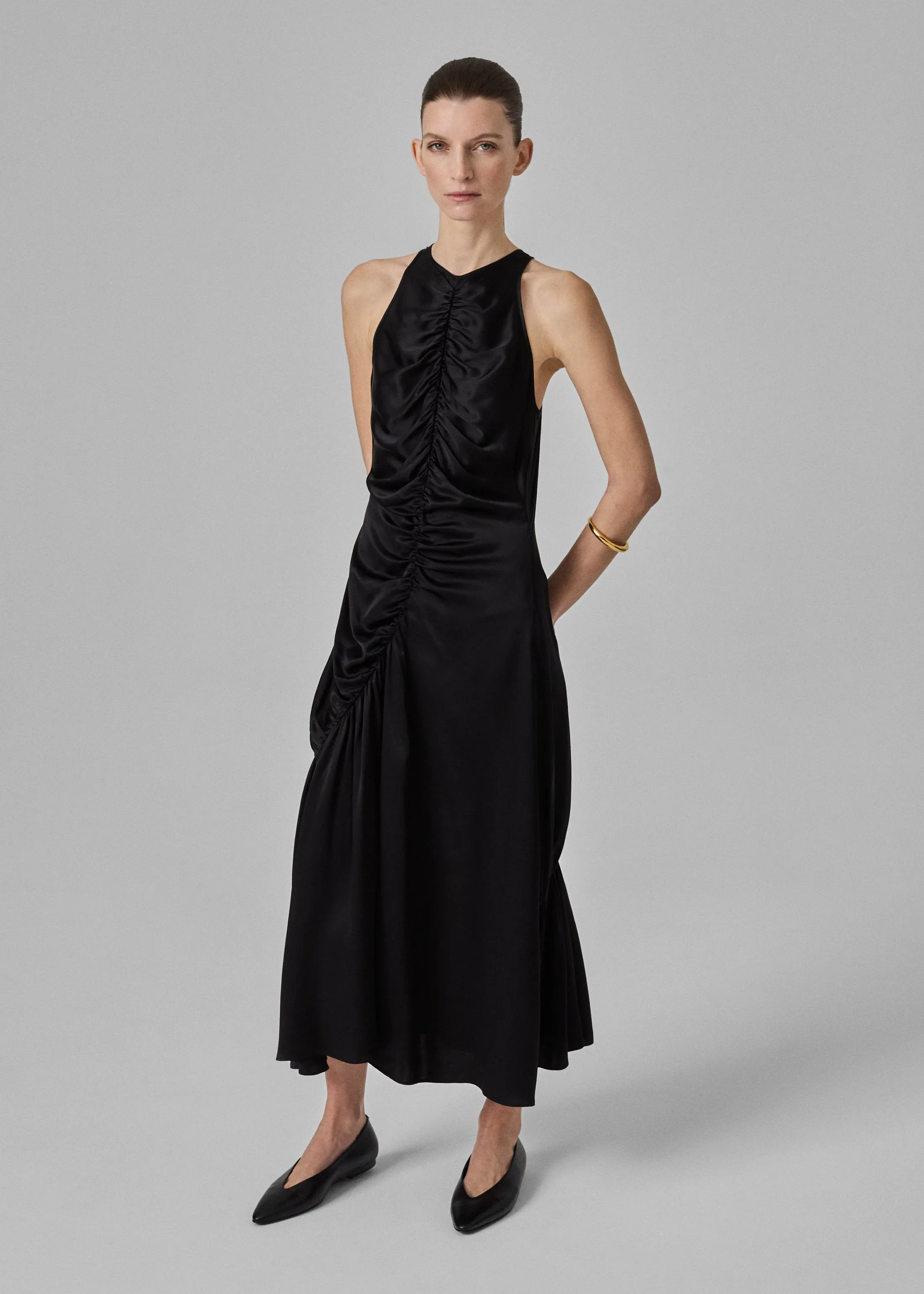Liquid Gathered Tank Dress in Silk Charmeuse - Black