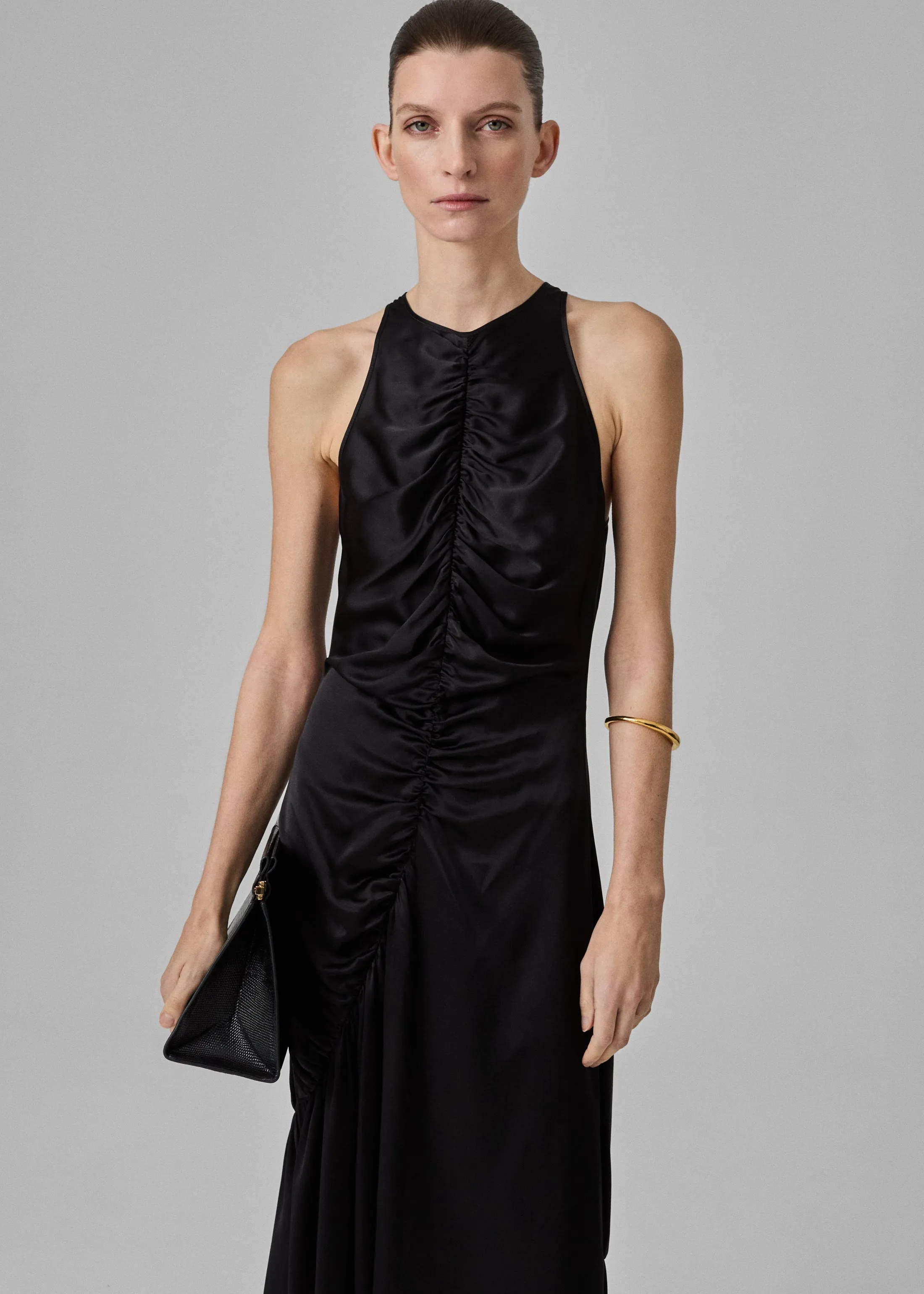 Liquid Gathered Tank Dress in Silk Charmeuse - Black
