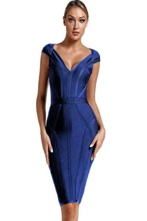 Loren Runway Elegant Short Sleeve Striped Bandage Dress - Royal Blue